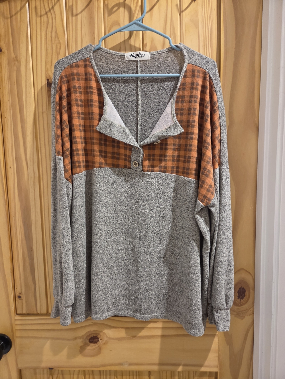 Womens Gray Knit Pullover with Orange Plaid Yoke